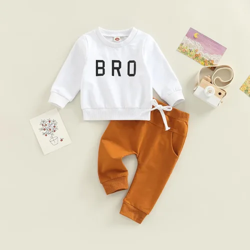 Vista 2 de Zempertoopa Conjunto de ropa para bebés y niñas con estampado de letras, sudadera con pantalones largos sólidos, 2 piezas, para otoño e invierno