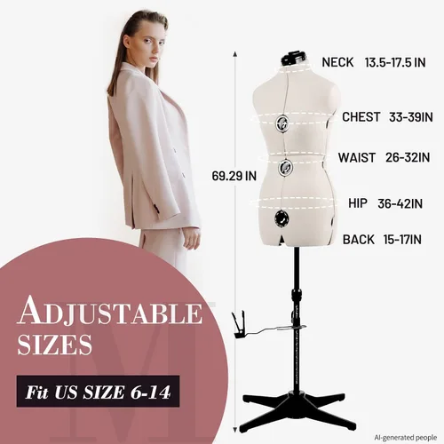 Vista 3 de Formas de Vestido para Costura, Maniquí Femenino Beige Talla Ajustable 6-14, Cuerpo de Modelo Pinchable con 13 Diales y Guía de Dobladillo de 360