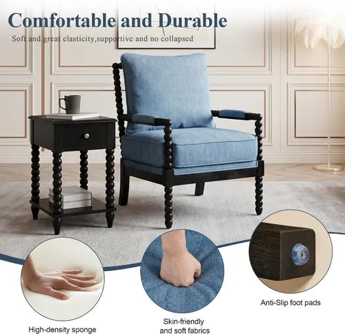 Vista 4 de DUHOME Silla decorativa de tela de lino con marco de madera, sillas de carrete de acento modernas con asiento de resorte acolchado y base azul