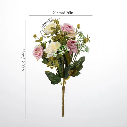 Vista 2 de Flores artificiales, 5 racimos, 12 rosas pequeñas de seda falsa, arreglo de flores de plástico para ramos de boda, decoración del hogar, centros