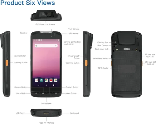 Vista 6 de Android 2D escáner de código de barras computadora móvil 5" PDA resistente de mano, Android 11, CPU Octa Core, 4GB RAM/64GB ROM, Wi-Fi inalámbrico