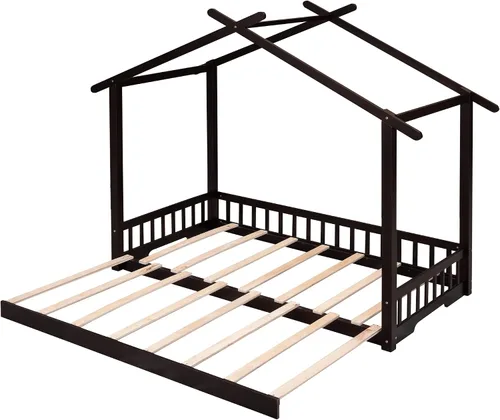Vista 5 de Merax Cama de casa extensible, sofá cama de madera, no necesita somier, espresso