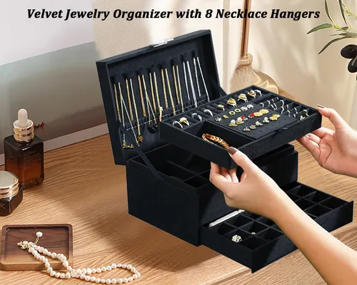 Vista 5 de Joyeros para mujer, organizador de joyas de terciopelo negro con cerradura, organizadores de joyas para adolescentes, organizador de joyas