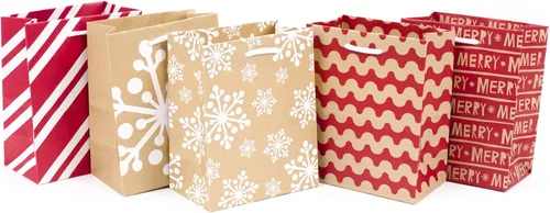 Vista 7 de Hallmark - Juego de bolsas de regalo pequeñas de 6 pulgadas para fiestas (paquete de 5; rojo, blanco y kraft) Copos de nieve, rayas, Feliz (5XGB1798)