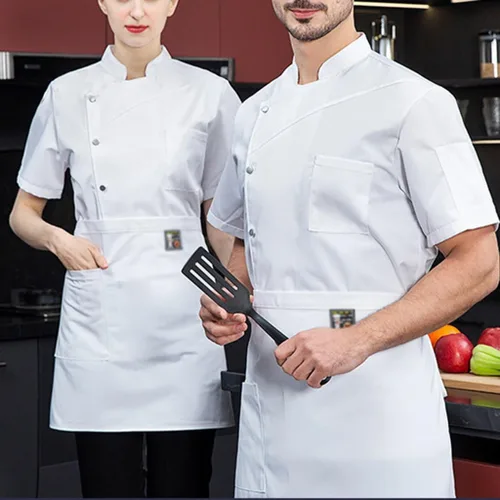 Vista 2 de Uniforme de chef para mujeres y hombres, chaqueta de chef de manga corta, ligera, cómoda para cocinar