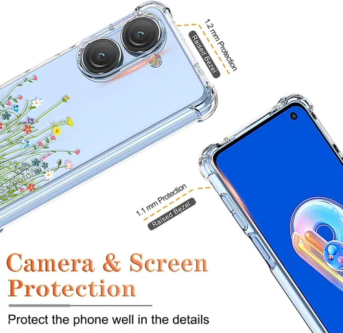 Vista 2 de Zenfone 9z AI2202 - Funda para teléfono con protector de pantalla, transparente con patrones de jardín de flores, funda protectora para Asus Zenfone