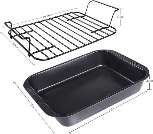 Vista 6 de kitCom Utensilios de hornear antiadherentes, asador antiadherente con estante, ideal para asar pollo, carnes y pavo - 15 pulgadas x 11 pulgadas