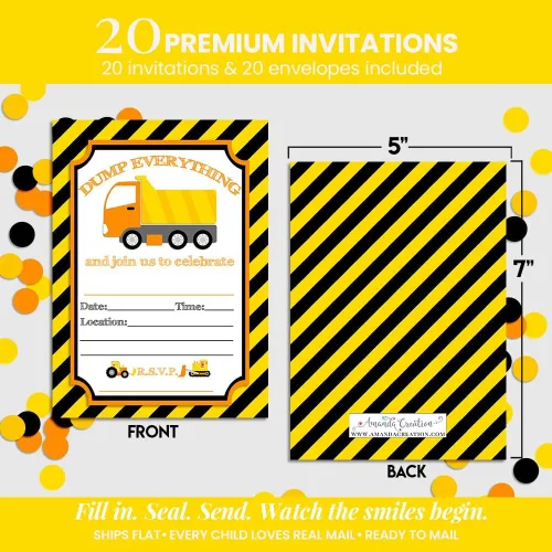 Vista 6 de AmandaCreation - Invitaciones para fiestas de cumpleaños de construcción de camiones volquete de Dump Everything, 20 tarjetas de relleno de 5 x 7
