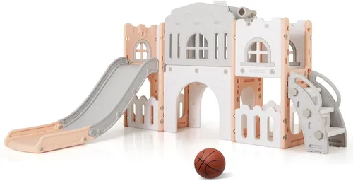 Vista 11 de Costzon Juego de tobogán infantil 8 en 1, tobogán independiente para niños con túnel, aro de baloncesto, juego de tobogán escalador para niños de 1
