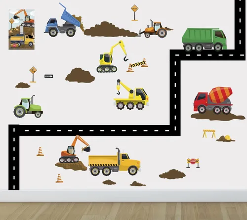 Vista 2 de Calcomanías de pared para camiones de construcción, calcomanías de pared para niños, vehículos de tractor, construcción de calle, vinilo
