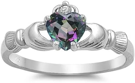 Vista 3 de Anillo Claddagh de plata de ley con topacio místico y circonita cúbica, 0.354in (tamaño 3 a 13)