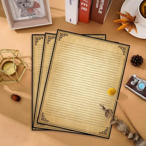 Vista 5 de Papel rayado vintage con diseño de borde antiguo, 50 hojas, papel de papelería para escribir cartas, 100 gsm, 11 x 8.5 pulgadas, papelería