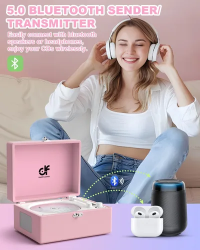 Vista 4 de Reproductor de CD con altavoces estéreo, transmisión inalámbrica de entrada/salida Bluetooth, batería recargable, reproductor de CD retro USB