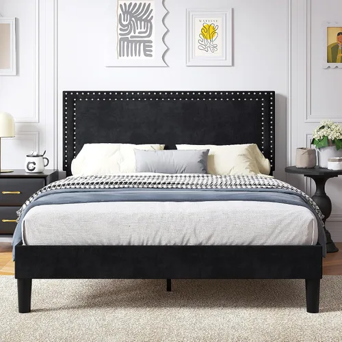 Vista 134 de VECELO Base de cama de plataforma de tamaño individual con cabecera tapizada de altura ajustable, base de colchón moderna, soporte de listones
