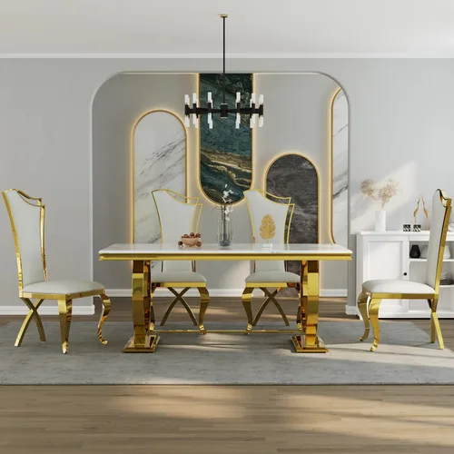 Vista 15 de ACEDÉCOR Juego de mesa de comedor de 5 piezas, mesa de comedor moderna con base en U de metal de acero inoxidable dorado, 4 sillas de comedor