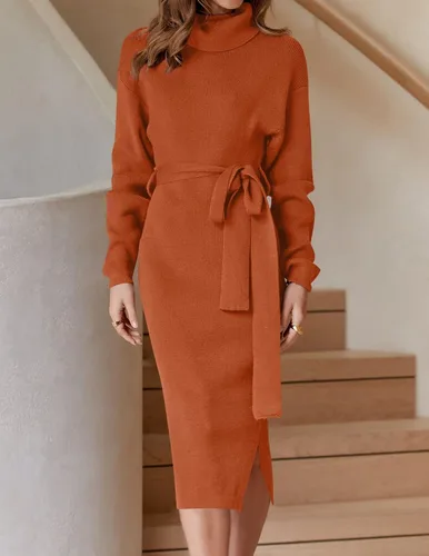Vista 60 de ZESICA - Vestido por debajo de la rodilla de suéter, de cuello alto, para mujer, de manga larga, de punto acanalado, con abertura y cinturón