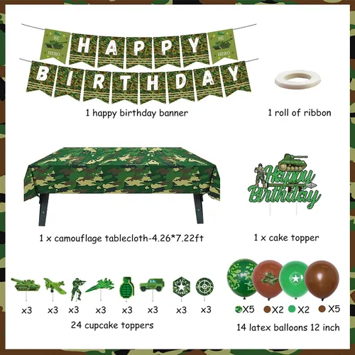Vista 5 de Decoraciones de fiesta de cumpleaños de camuflaje para niños, niñas y adultos, pancarta de camuflaje de feliz cumpleaños, mantel, globos de látex