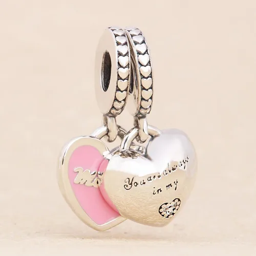 Vista 3 de Madre e hija corazones cuelgan encanto 925 colgante de plata esterlina, joyería cuentas regalos para mujeres pulsera y collar A0223, Plata