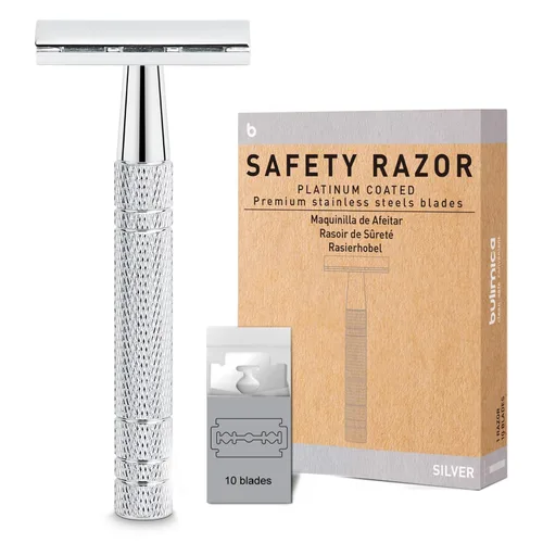 Vista 14 de Maquinilla de afeitar de seguridad azul, navajas de una sola hoja para hombres Reusable Metal Razor, with 10 Platinum Coated Double Edge Blades