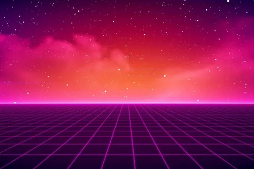 Vista 2 de Cuadrícula laminada de luces de neón de los años 80 Vaporwave Retro SciFi Digital Cyber Video Game Futurista de los años 80 Galaxy Universo Paisaje