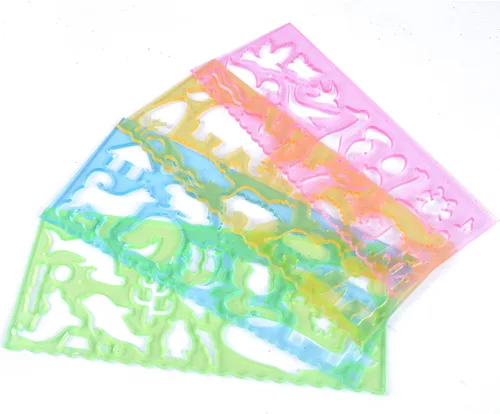 Vista 3 de BronaGrand 4 plantillas de dibujo para niños, regla de plástico, plantillas de pintura para niños, 4 colores transparentes