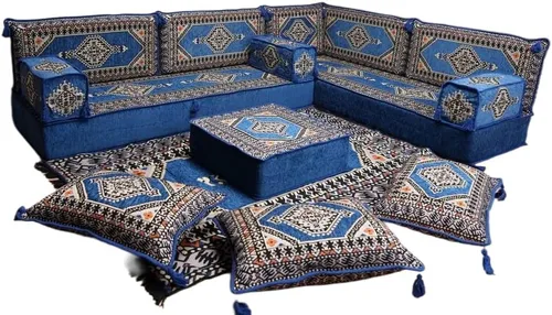 Vista 87 de arabicsofa Juego de asientos Jalsa en forma de L – Majlis árabe hecho a mano con almohadas de respaldo