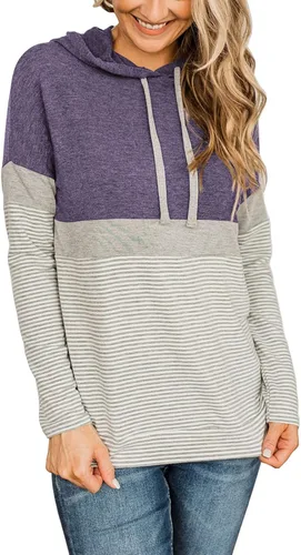 Vista 2 de Butgood Sudaderas con capucha de bloque de color para mujer sudadera de manga larga casual con cordón a rayas túnica