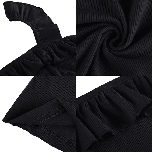 Vista 4 de Vestido corto sin mangas con volantes para mujer, cuello cuadrado sólido, casual, mini vestidos
