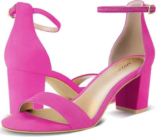 Vista 2 de PIZZ ANNU Sandalias de tacón grueso con correa de tobillo y puntera abierta para mujer, para fiesta, vestido de fiesta, sandalias con hebilla