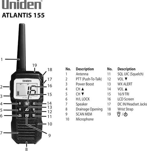 Vista 5 de Uniden Atlantis 155 - Radio marina VHF bidireccional portátil, flotante IPX8 sumergible impermeable, pantalla de doble color, todos los canales