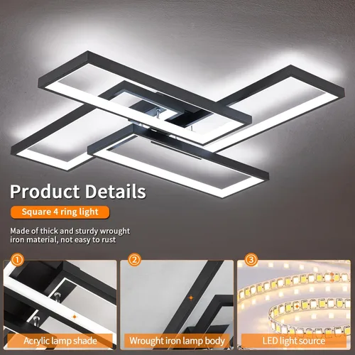 Vista 6 de Shine LUEST Modernas luces LED de techo para dormitorio, 26 pulgadas, regulables, cuadradas, para sala de estar, con control remoto, lámpara negra