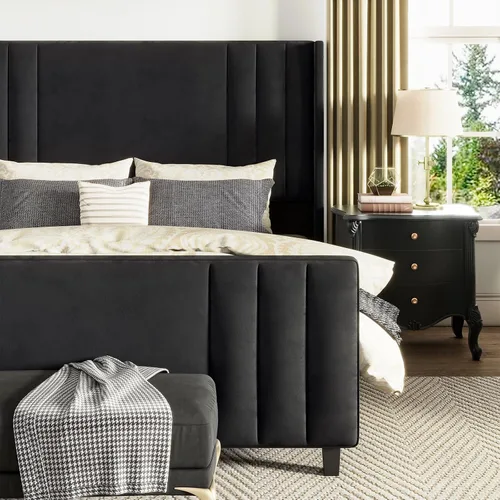 Vista 7 de AMERLIFE Armazón de cama tamaño Queen, plataforma tapizada de terciopelo con cabecera capitonada de canal vertical y pie de cama/respaldo alto, base