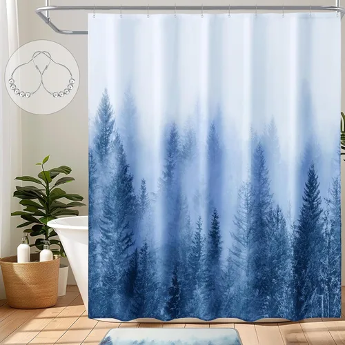 Vista 19 de ORTIGIA 36x72 Cortina de ducha de bosque nebuloso para baño pequeño, cortina de ducha estrecha de naturaleza y bosque en blanco y negro con ganchos