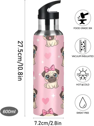Vista 9 de BPA-Free Sport Water Bottle Insulated 20 Oz, Stainless Steel Water Bottle for Gym Outdoor Travel School, Cute Cartoon Pugs Eyes