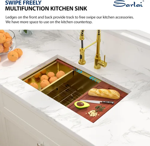 Vista 5 de Sarlai Fregadero de cocina empotrado de 30 pulgadas dorado - Fregadero de cocina de 76,2 cm x 45,7 cm con repisa para estación de trabajo de acero