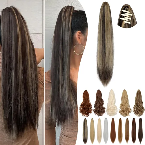 Vista 20 de Extensión de cola de caballo de 18 pulgadas, 20 pulgadas, larga, rizada, ondulada, recta, con clip, de aspecto natural, extensión de cabello
