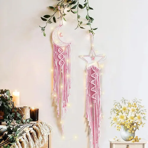 Vista 9 de Tarklanda Decoración de atrapasueños de luna y estrella, 2 piezas boho para el hogar, luna y estrella, macramé para colgar en la pared, decoración