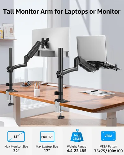 Vista 2 de MOUNTUP Soporte de escritorio para laptop, soporte ajustable para portátil de 17 pulgadas o monitor de 32 pulgadas, soporte de brazo para portátiles