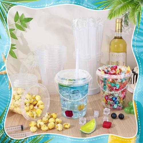 Vista 5 de Paquete de 15 cubos de ron de plástico de 34 onzas para bebidas Disposable Clear Cups With Handles for Cocktails, Iced Coffee, Smoothies