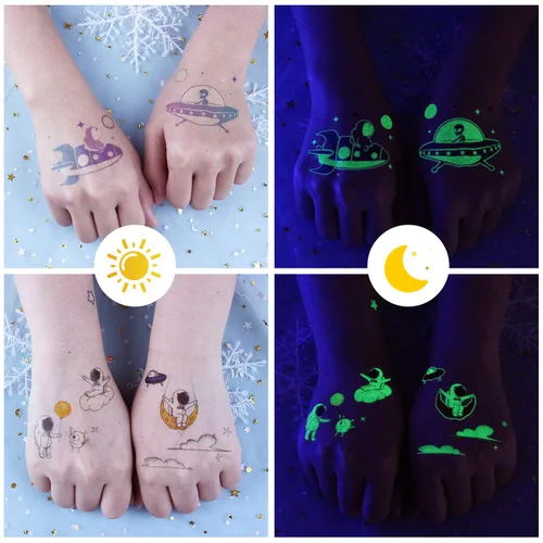 Vista 6 de PHOGARY 20 hojas de calcomanías espaciales para niños (brillan en la oscuridad), tatuajes falsos para niños, divertidos tatuajes temporales como
