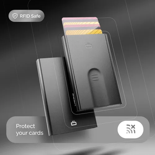Vista 7 de ÖGON -DESIGNS- Tarjetero automático de aluminio, protección RFID contra fraude y desmagnetización, cartera delgada y minimalista para hombres