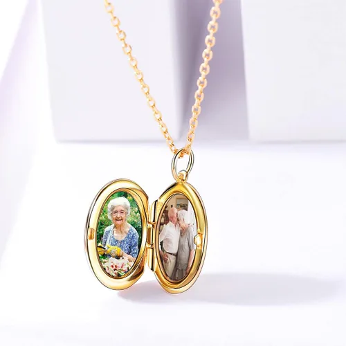 Vista 3 de Custom4U Collar redondo y ovalado de plata que sostiene la imagen, colgante de medallón de fotos personalizado, chapado en oro de 18 quilates, plata