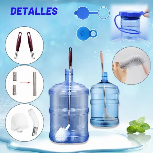 Vista 3 de Cepillo para botellas, paquete de 3 cepillos de cubo de mango largo con 2 tapas para jarra de agua, cerdas de nailon rígidas y mango de acero