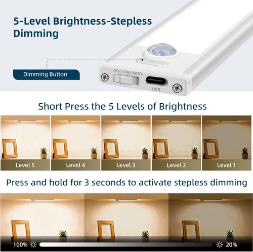 Vista 4 de Paquete de 4 luces para debajo del gabinete, luz recargable con sensor de movimiento para interiores, luces magnéticas inalámbricas regulables, 32