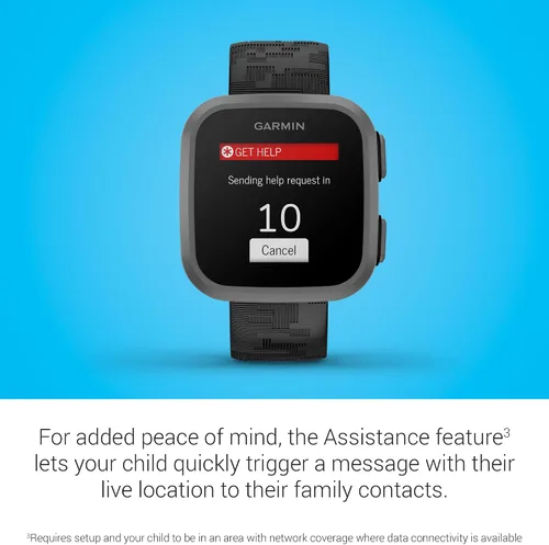 Vista 5 de Garmin Bounce™, reloj inteligente para niños, texto bidireccional y mensajes de voz, seguimiento de ubicación, camuflaje negro (renovado)