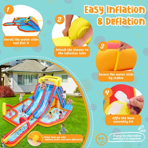 Vista 2 de AKEYDIY Tobogán acuático inflable de doble carril, tobogán acuático de rebote para niños de 3 a 12 años, parque acuático con tobogán de carreras