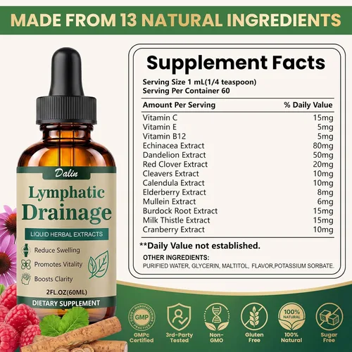 Vista 7 de Dalin Gotas de drenaje linfático liposomal - Suplemento de drenaje linfático orgánico 21 en 1 con raíz de bardana, equinácea, saúco, caléndula