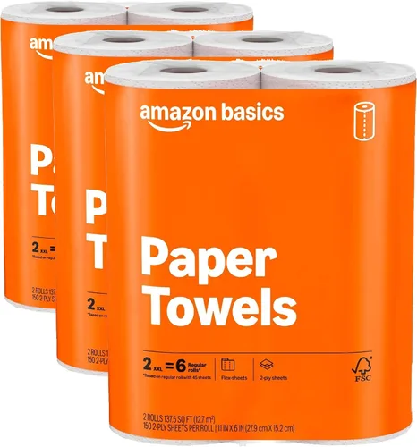 Vista 8 de Amazon Basics Toallas de papel Flex-Sheets de 2 capas, 2 rollos Basics = 6 rollos regulares, valor diario con 150 hojas por rollo, el empaque puede