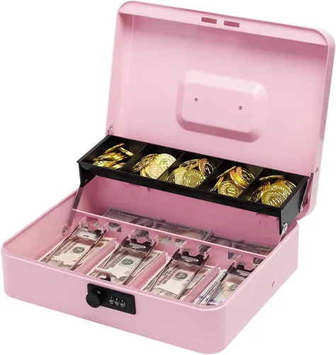 Vista 10 de Caja de efectivo con cerradura de combinación, caja de dinero de metal con bandeja de dinero, caja de bloqueo de efectivo para venta de garaje