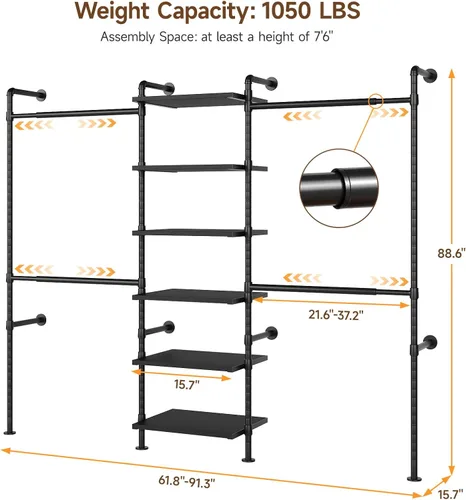 Vista 2 de T1 Sistema de Clóset Montado en Pared, Perchero de Ropa de Tubo Industrial con 6 Estantes de Madera y 4 Varillas Telescópicas, Organizadores de Negro